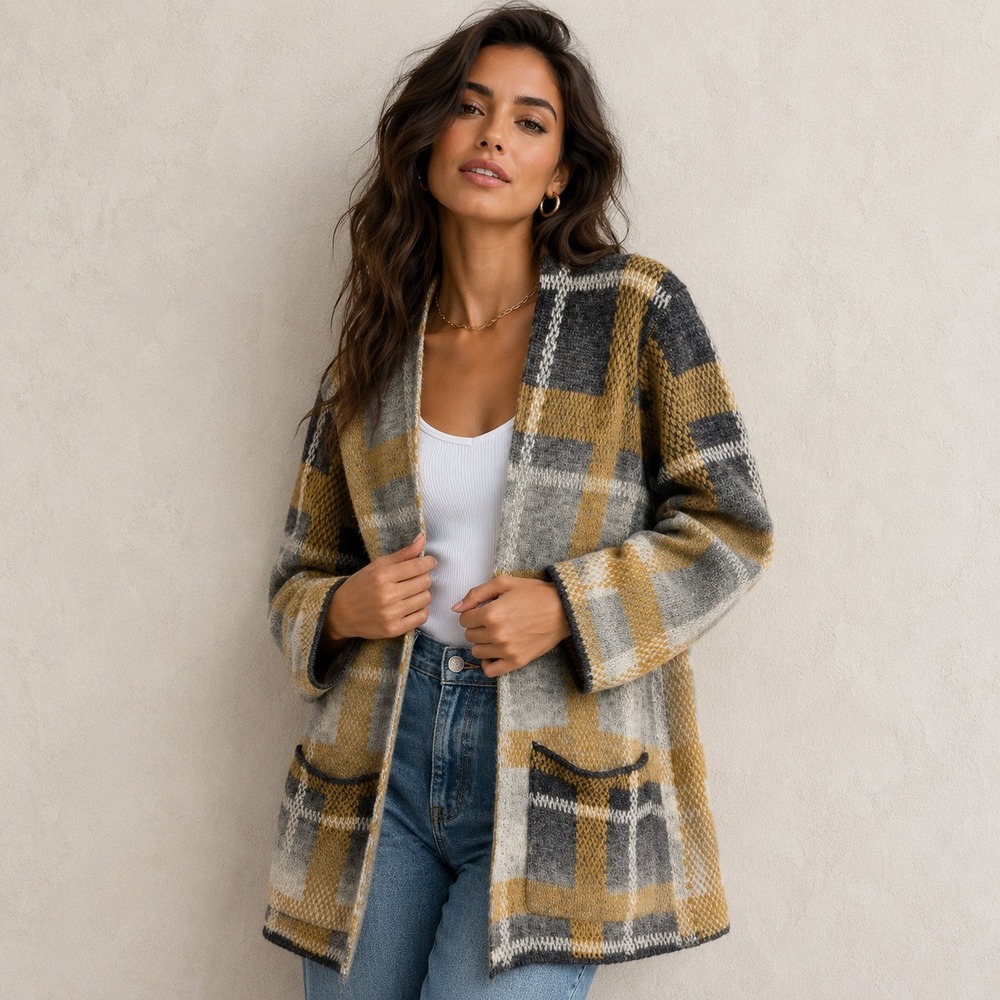 Frank Lyman Montreal Plaid Open‎ Front Cardigan Yellow Grey Black Knit Sweater M